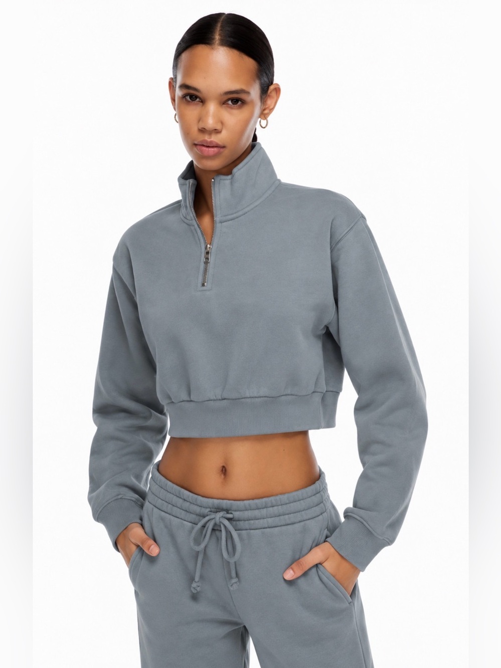 Aritzia TNA Cozy Fleece Cropped 1/4 Zip Sweatshirt Size XS Blue Gray Athletic